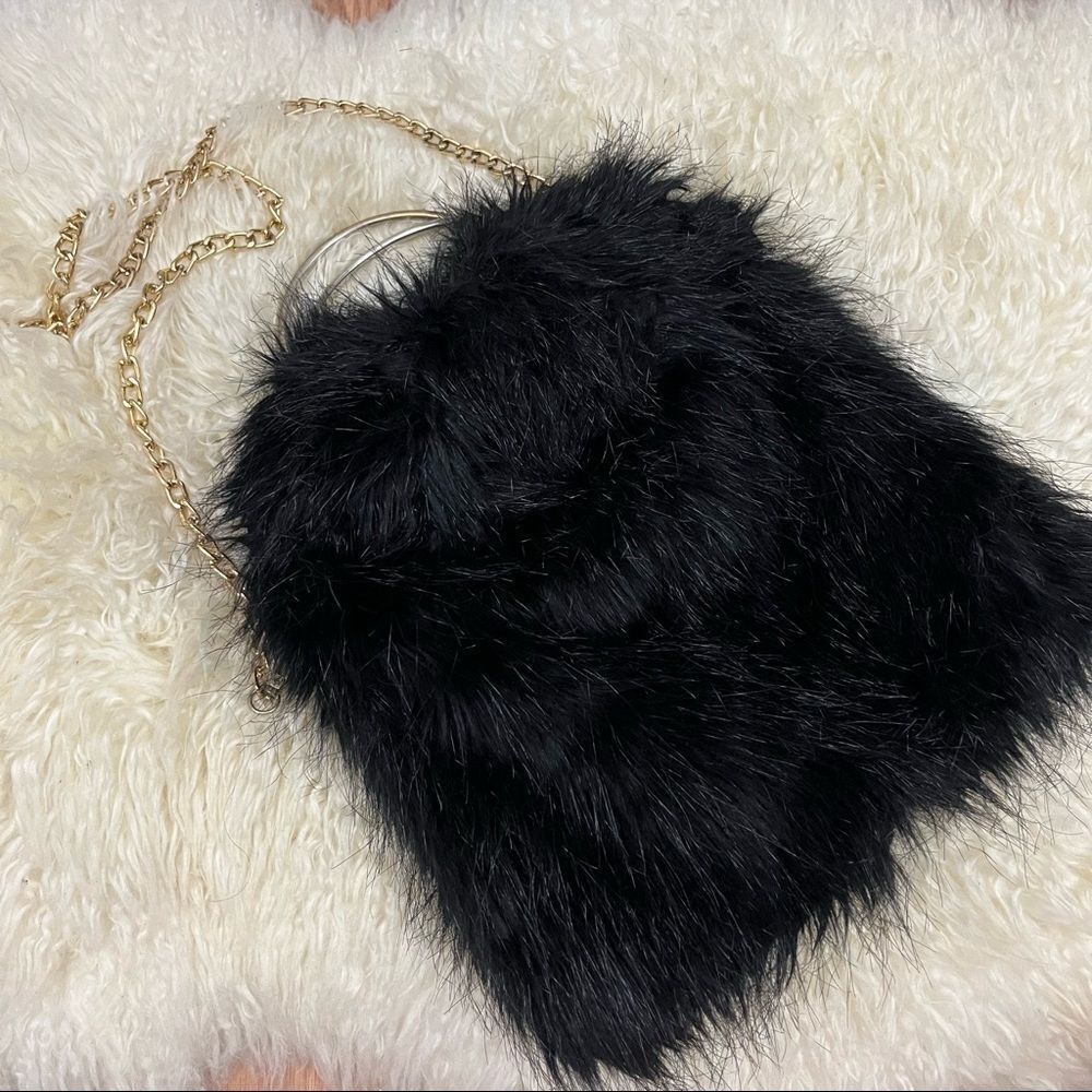 Black Faux Fur Chain Strap Purse